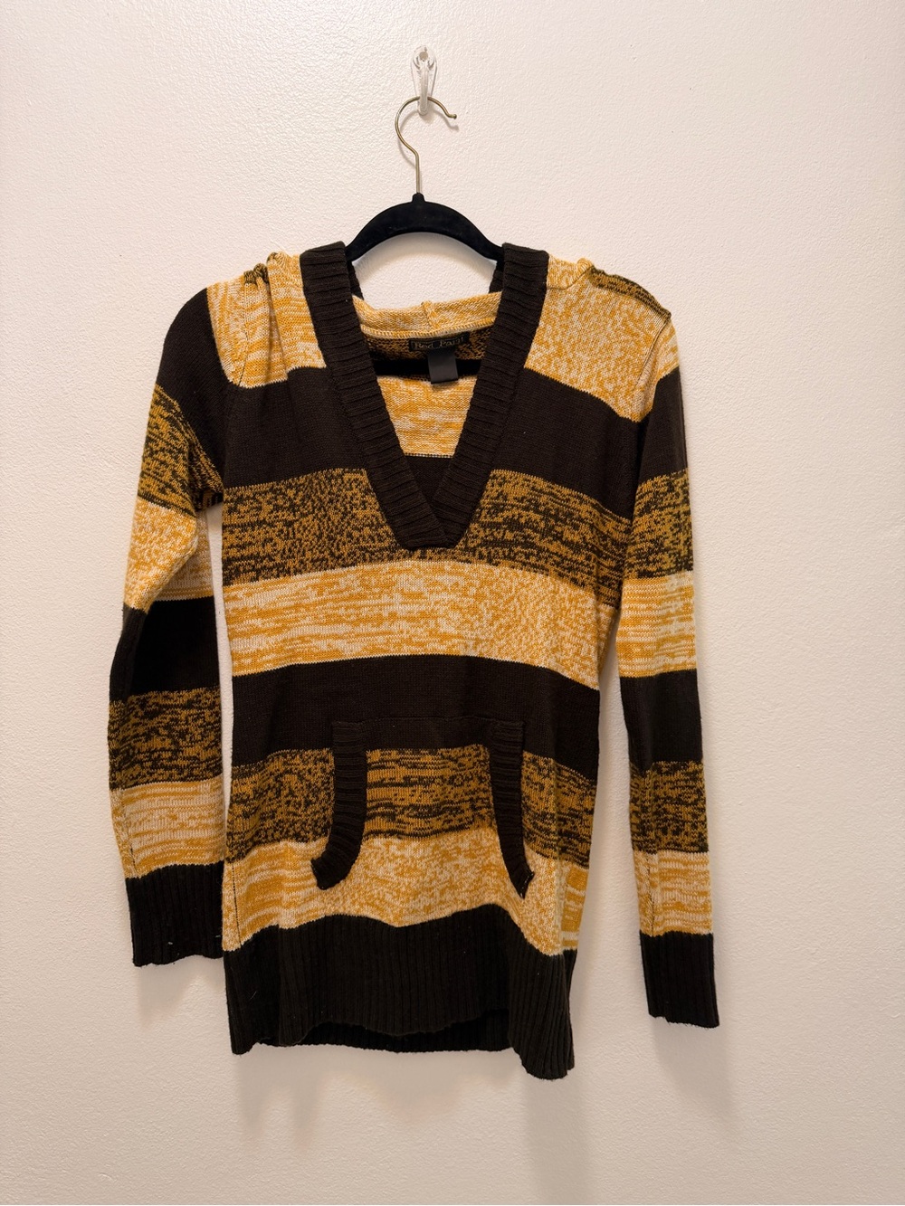 Red Paint Brown Mustard Striped Knit Hoodie Sweater